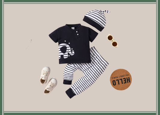 Baby Elephant Graphic Top and Striped Pants Set